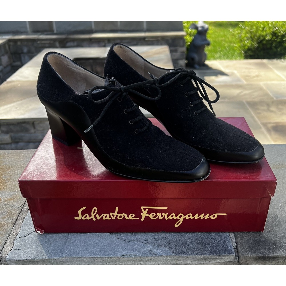 Salvatore Ferragamo Womens Black Vintage Calf Andrea Block Heel 8‎ b